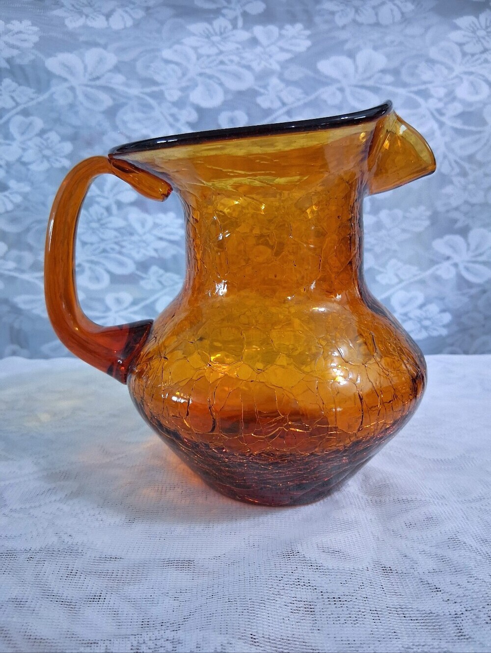 Vintage Mid-Century Amber Art Glass Pitcher Crackle Finish Medium Size MCM - Picture 10 of 16